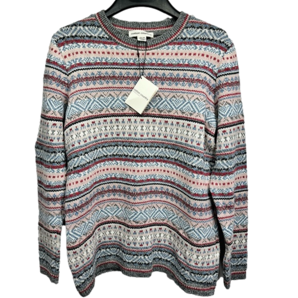 Crewneck Fair Isle Pullover Sweater in Pink Pear Apres Cabincore Cotton Country